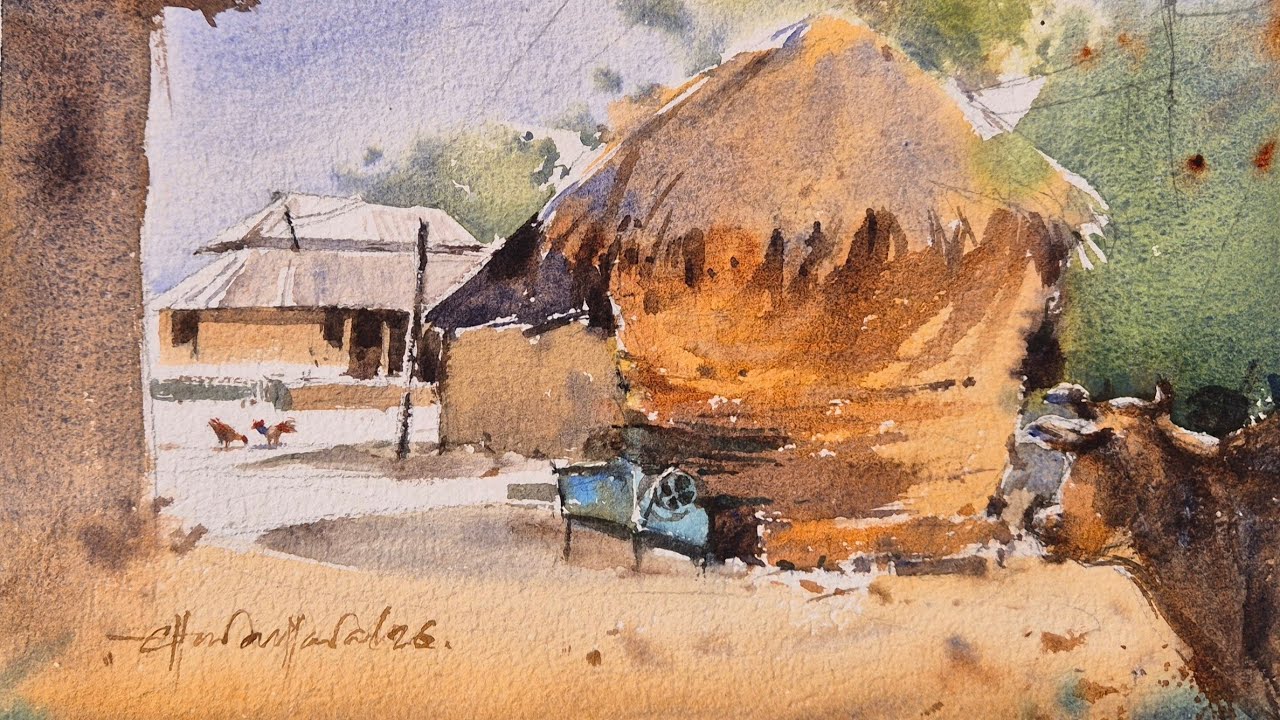 Indian village hut watercolor painting | rural life scenery | easy landscape art