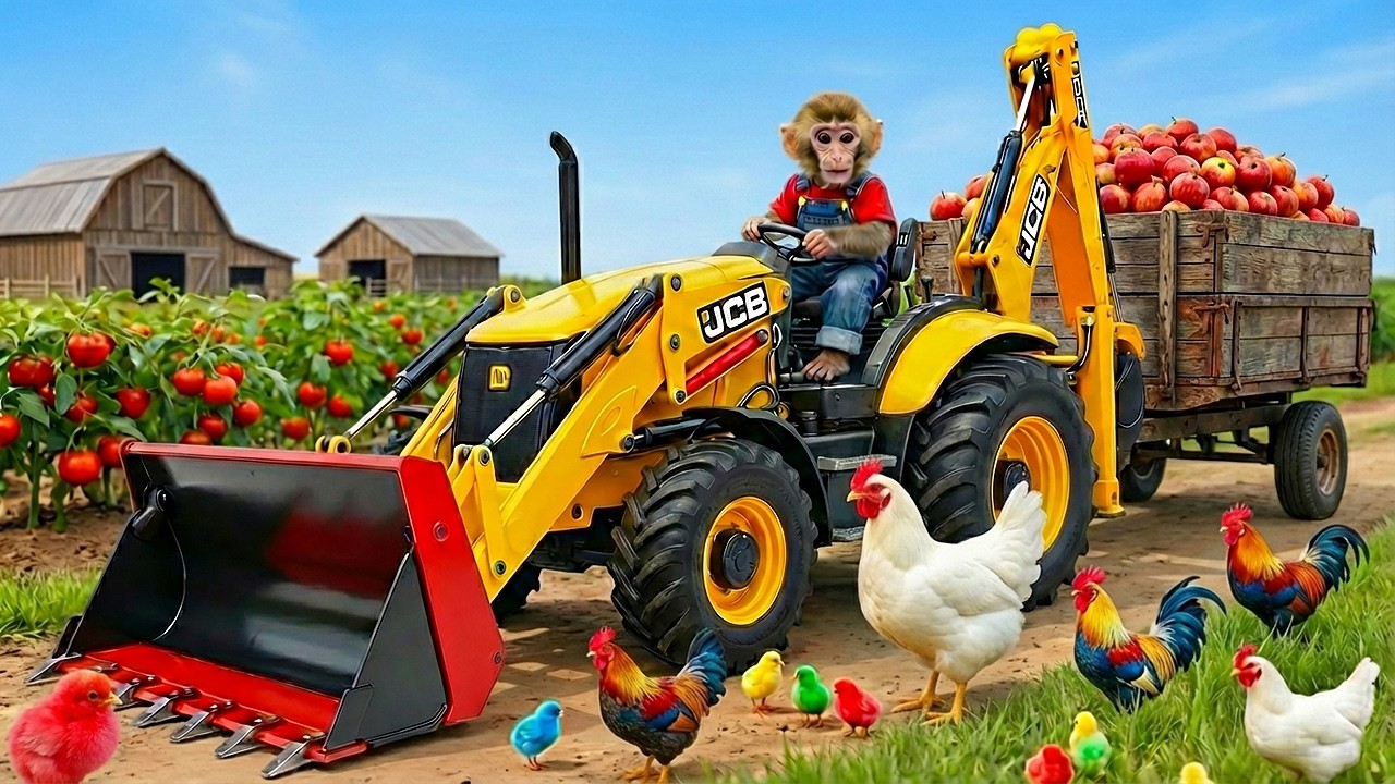 Monkey NaNa Picks Apples, Feeds Chickens on His Farm! JCB 3cx Tractor Excavator Help MONKEY Life