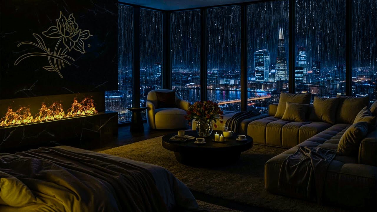 Cozy Dubai Apartment in the Rain🌧️Relaxing Fireplace & City Rain Sounds | Ambience for Sleep & Focus