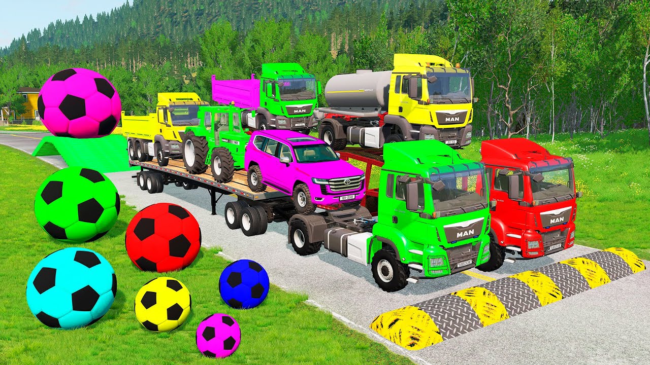 Flatbed Trailer McQueen Transportation with Truck - Speedbumps vs Cars vs Train - BeamNG.Drive #20