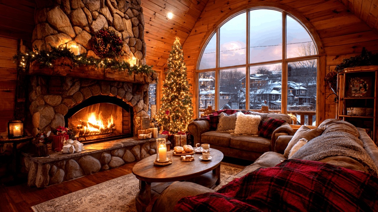 Cozy Cabin Fireplace with Joyful Winter Jazz Instrumental