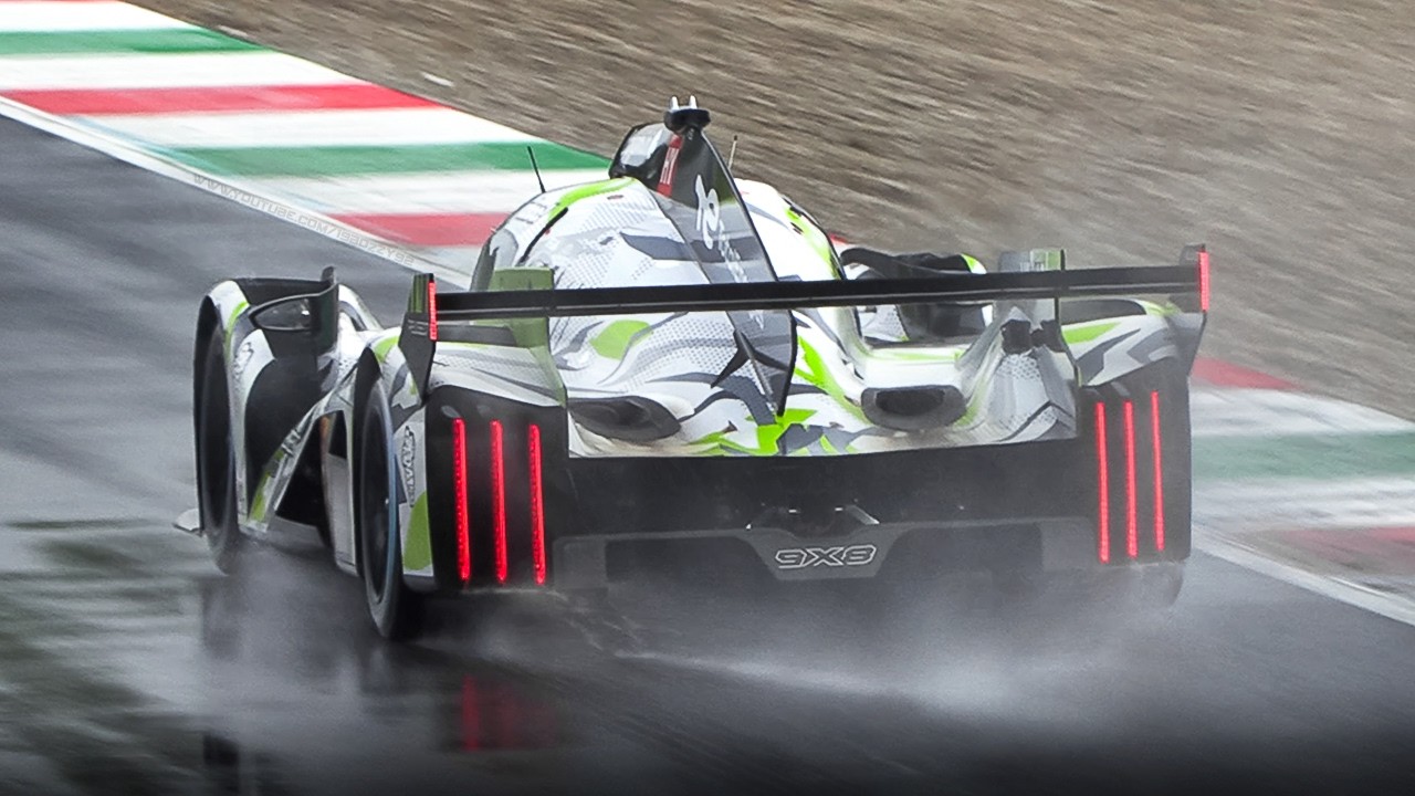 Peugeot 9X8 EVO Le Mans Hypercar: 2.6L Twin-Turbo V6 Sound in action on wet at Monza Circuit!