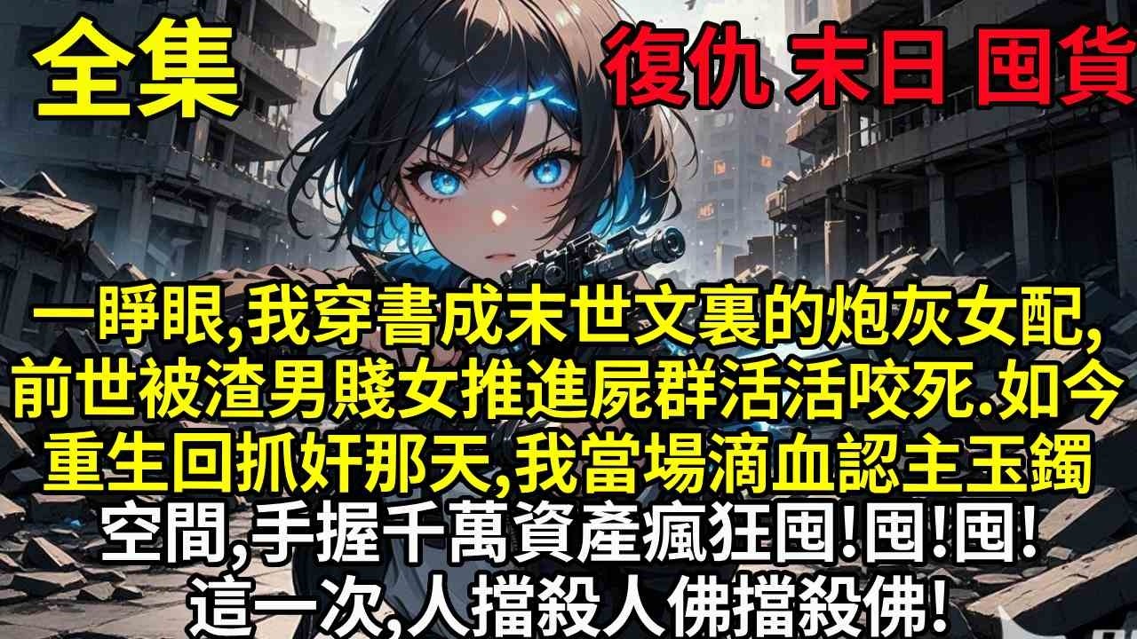 一睜眼，我穿書成末世文裏的炮灰女配，前世被渣男賤女推進屍群活活咬死。如今重生回抓奸那天，我當場滴血認主玉鐲空間，手握千萬資產瘋狂囤貨。等末世降臨，這一次，人擋殺人，佛擋殺佛！