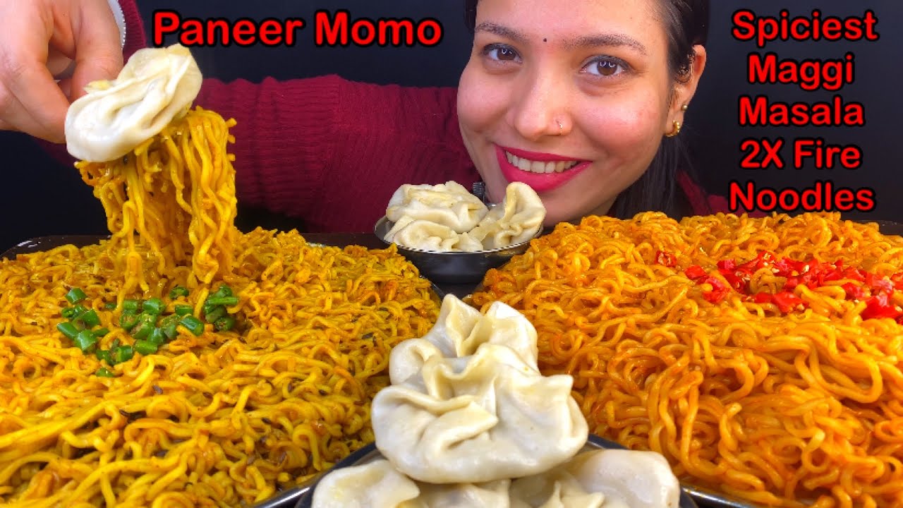 Eating Spicy🔥 Maggi Masala, 2X Spicy Fire Noodles, Paneer Momo Mukbang | Maggi Vs Korean Noodles