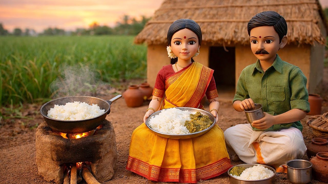 Peaceful Tamil Village Life 🌾 Miniature Doll Serves Rice to Her Husband 🍚 