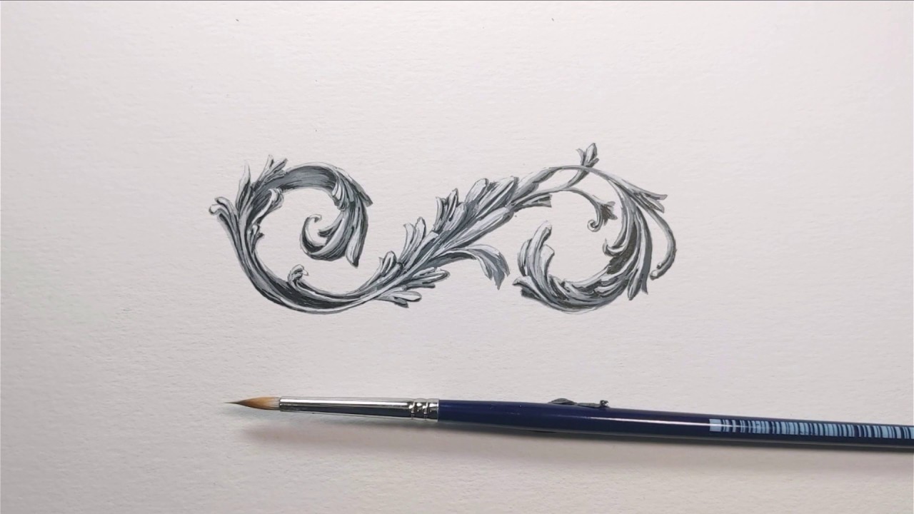 Drawing Ornamental Acanthus Leaf using Gouache Paint. (Step by Step from Sketch to Finish)
