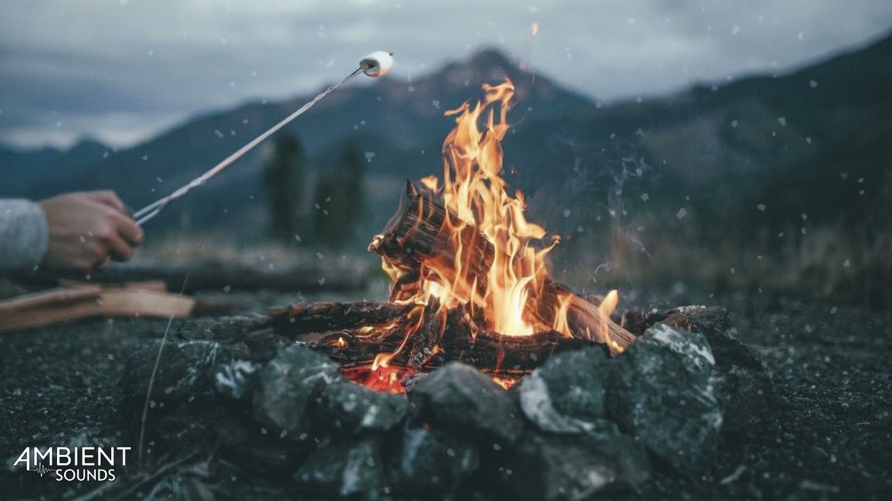 Roasting Marshmallows Over Campfire | Fire Crackling Ambience | Light Snow (4K)