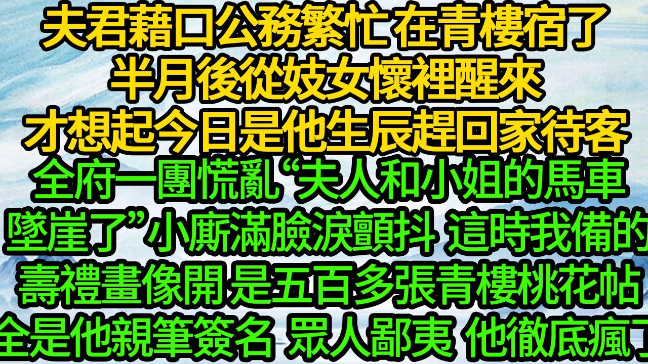 夫君藉口公務繁忙 在青樓宿了半後從妓女懷裡醒來，才想起今日是他生辰趕回家待客，全府一團慌亂“夫人和小姐的馬車墜崖了”小廝滿臉淚顫抖，這時我備的壽禮畫像開 是五百多張青樓桃花帖