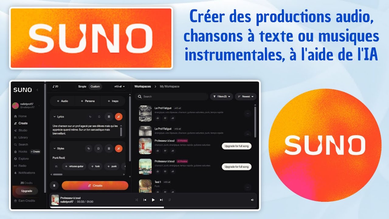 Tuto IA - Suno, créer des chansons à texte ou musiques instrumentales (5 titres / jour en gratuit)