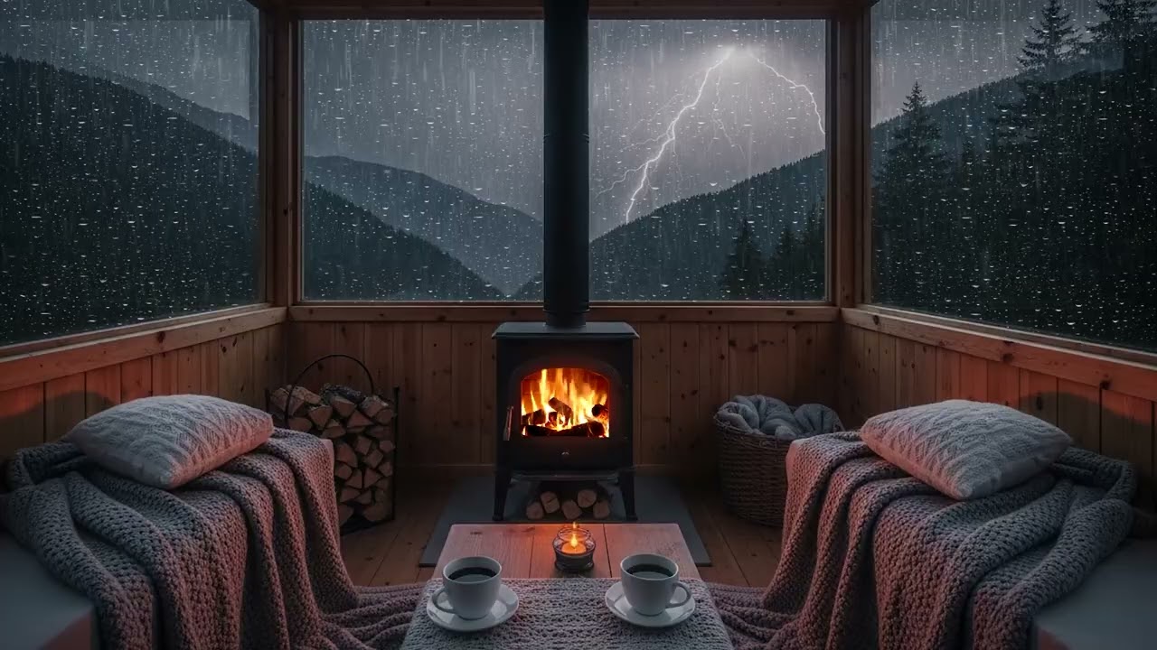 Heavy Rain Outside the Window 🌧️ Warm Fireplace ASMR (3 Hours)