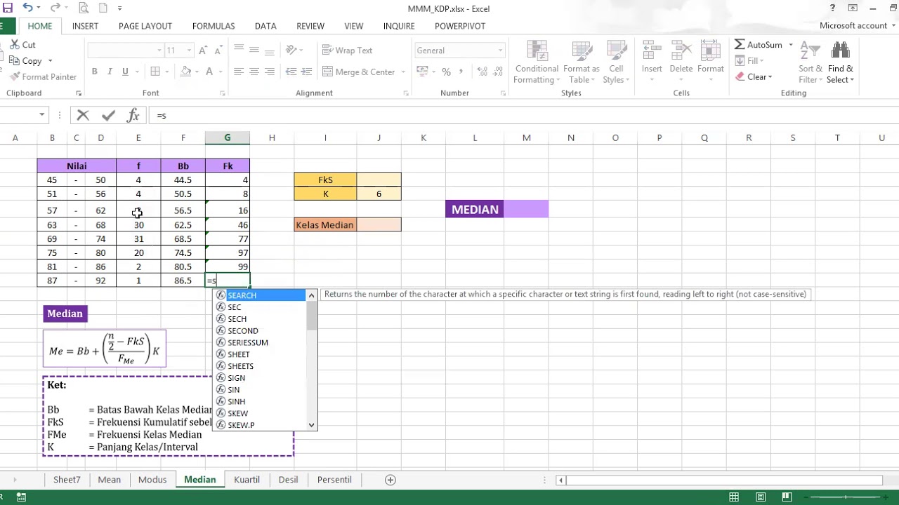 Mencari Mean, Median, Modus, Kuartil, Desil, dan Persentil Data Berkelompok dengan Ms Excel