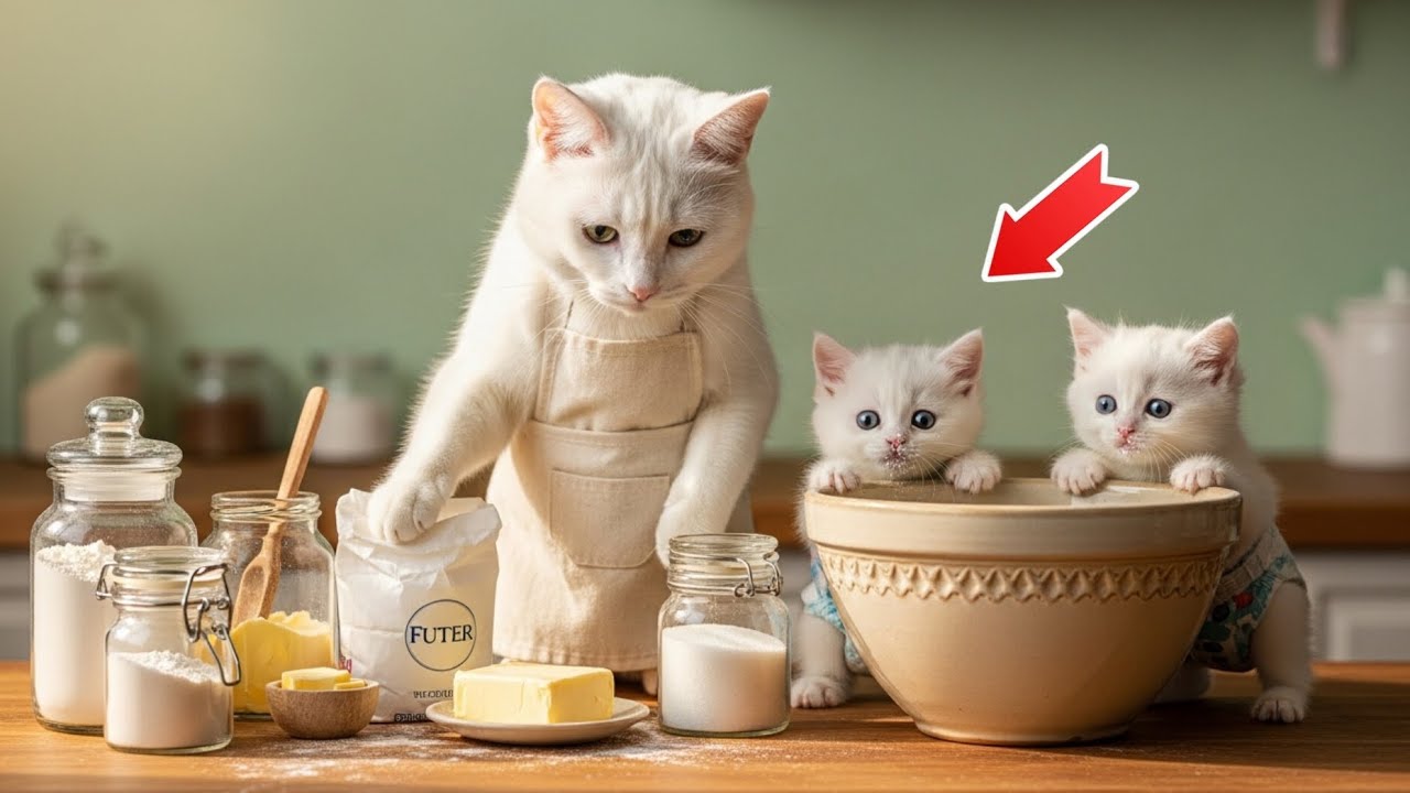 Mama Cat Bakes Fish-Shaped Cookies for Her Naughty Kittens in the Farm Kitchen