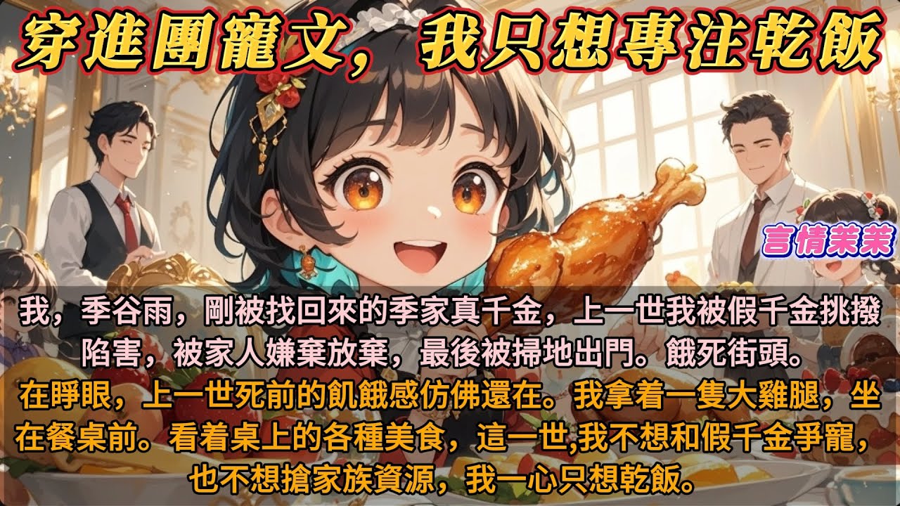 《穿進團寵文，我只想專註幹飯》上輩子，我，季谷雨，剛被找回來的季家真千金，被假千金挑撥陷害，最後被掃地出門。餓死在雨夜。在睜眼，我坐在餐桌前。看着桌上的各種美食，這一世我只想專註乾飯。