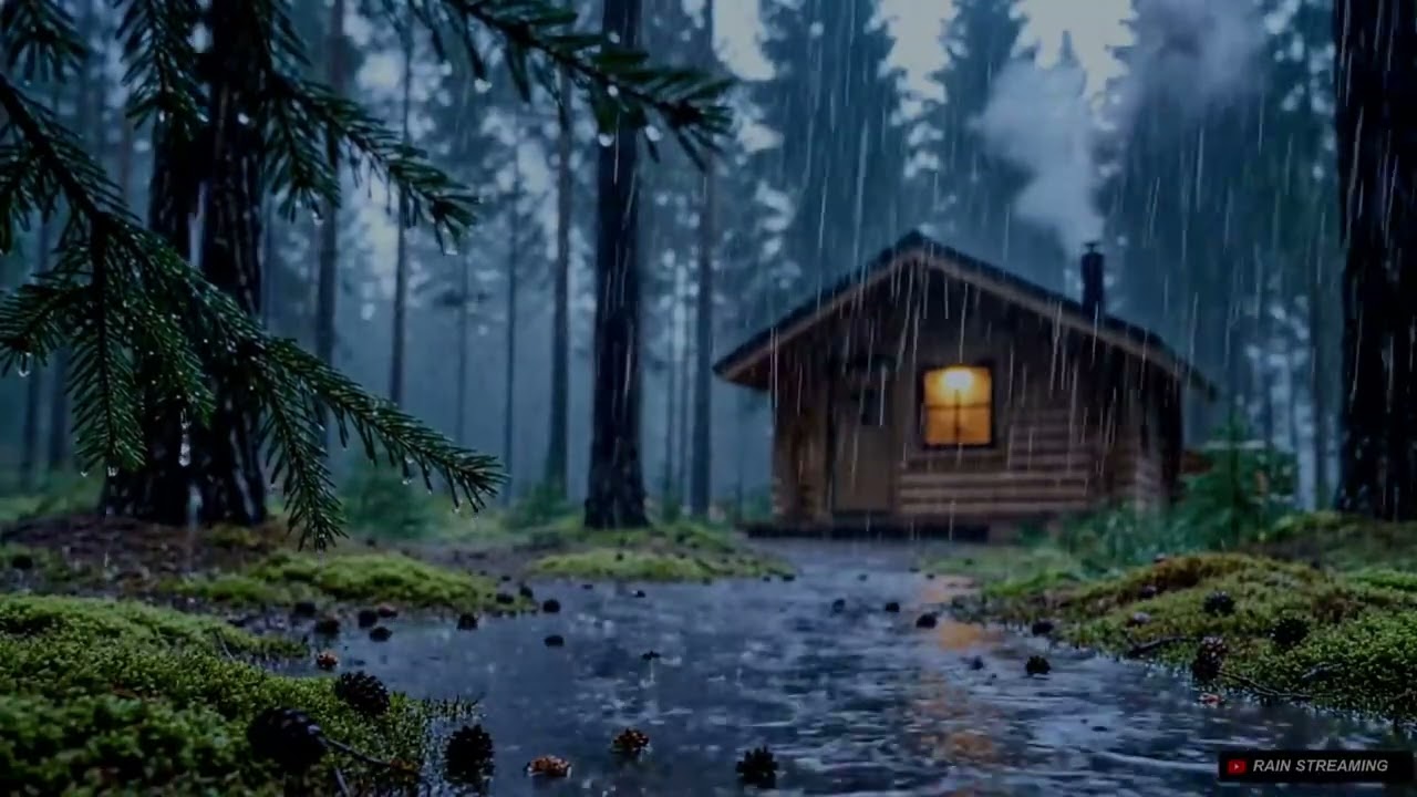 【RainStreaming #112】Peaceful Heavy Rain Outside a Cabin Window