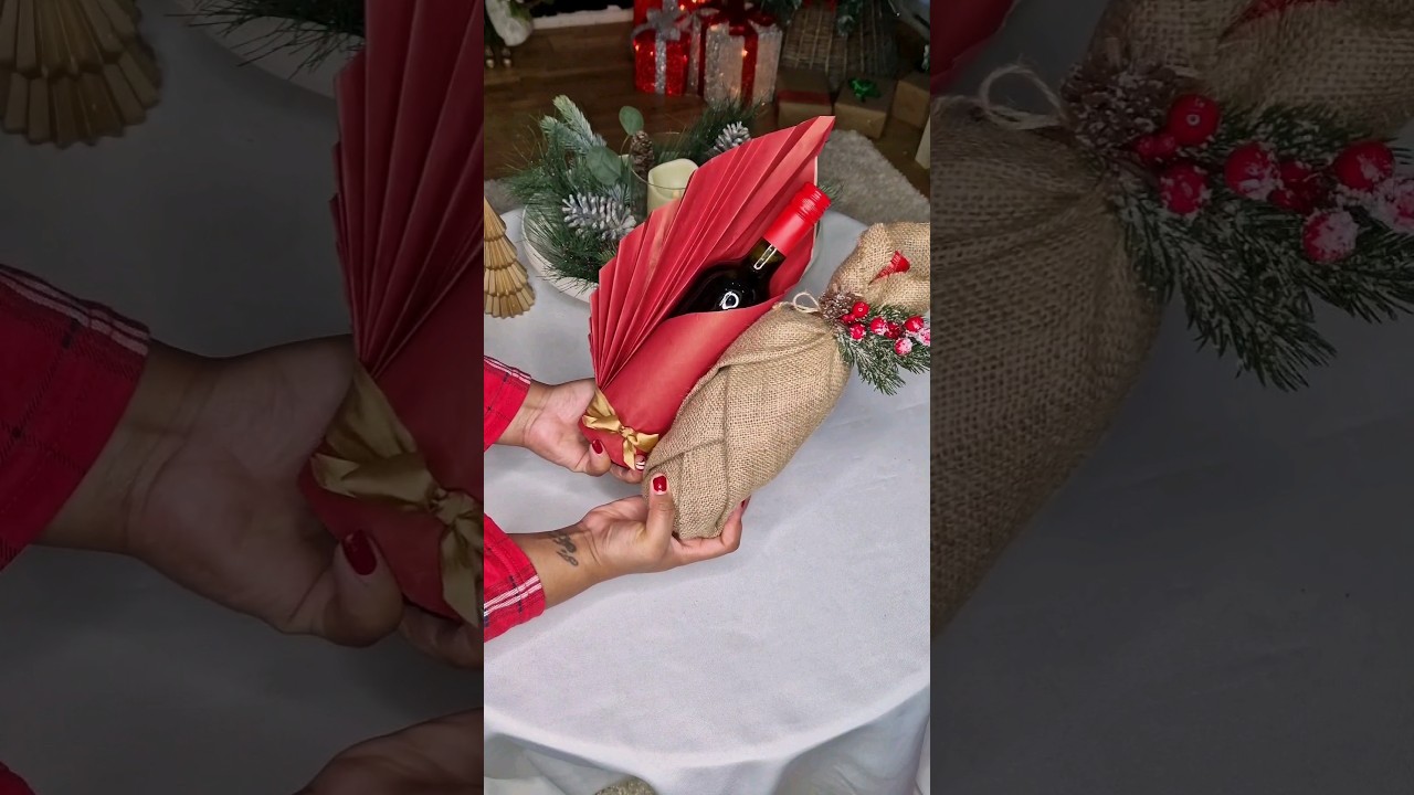 How To Wrap A Bottle Of Wine For Christmas #christmas #wrapping #wrappinggifts #shorts