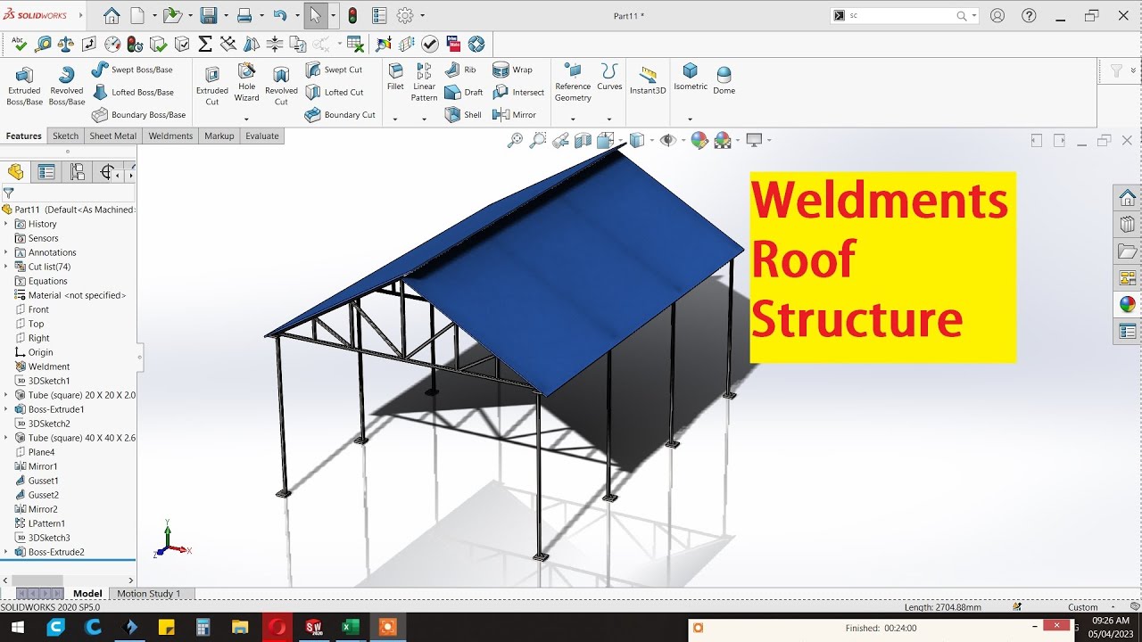 ☑️Solidworks weldments Tutorial || Weldments roof structure design in Solidworks. #weldments