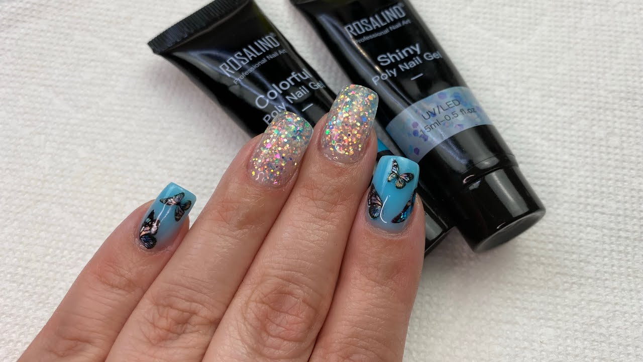 Rosalind Polygel Kit with Dual Forms | Step By Step Tutorial | Blue Glitter Butterfly Nail Design |