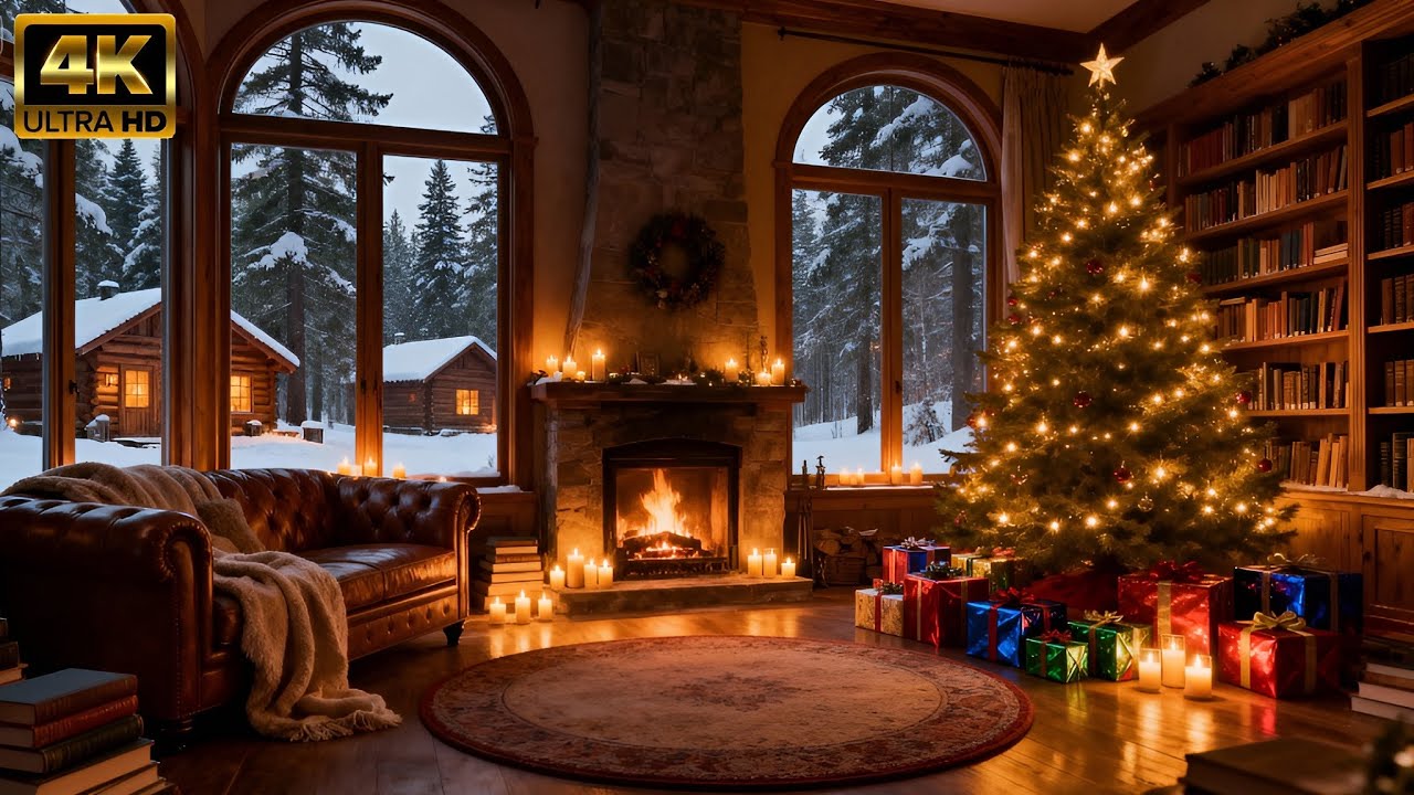 Cozy Majestic Library Jazz ❄️ Winter Fireplace Ambience & Soft Snowfall for Reading, No ADS