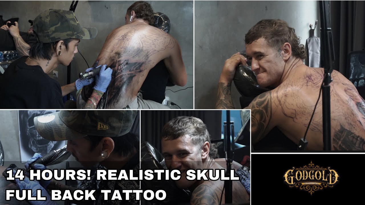 14 HOURS! REALISTIC SKULL FULL BACK TATTOO! @godgoldtattoobali