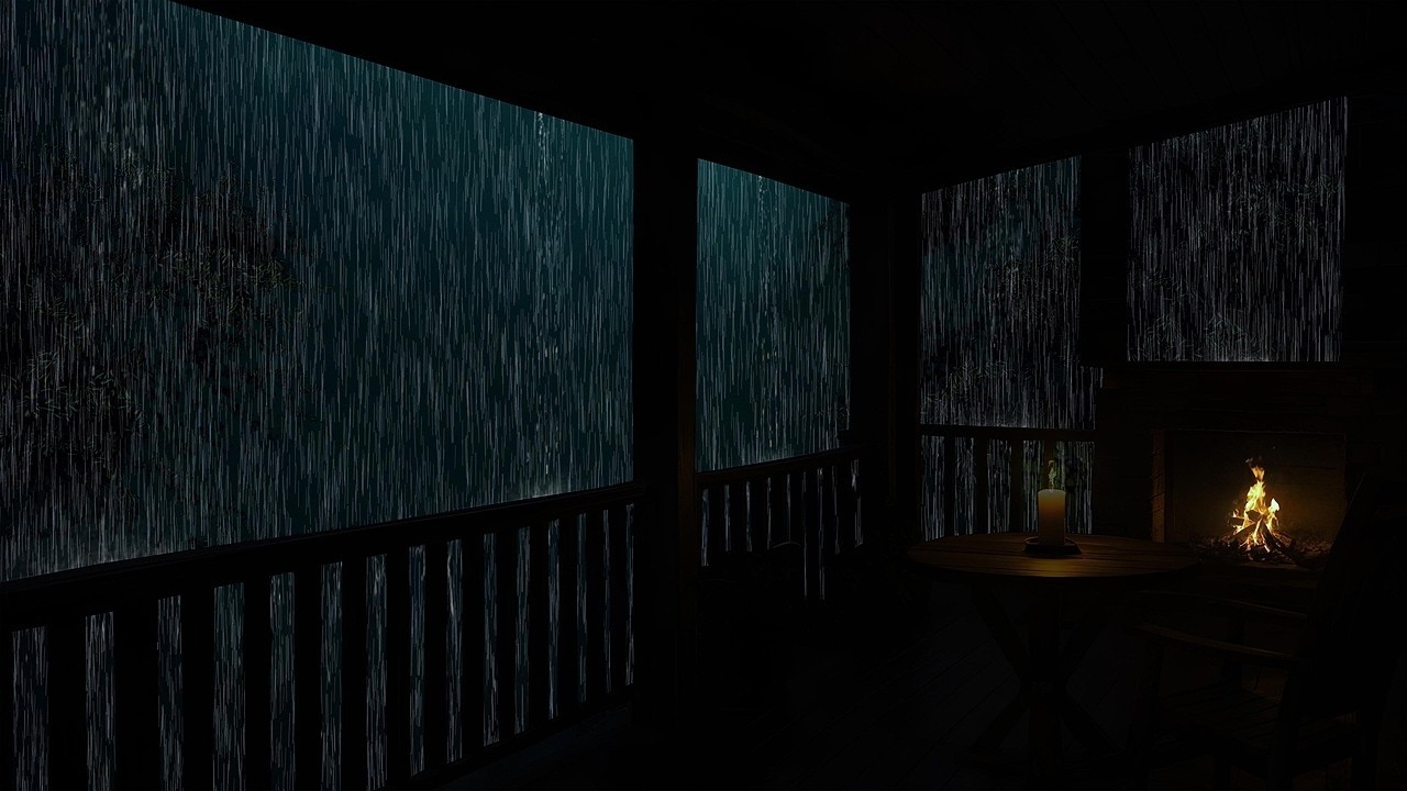 Rain lashes a dark forest cabin, fireplace flickers warmly. A cozy study sanctuary awaits.