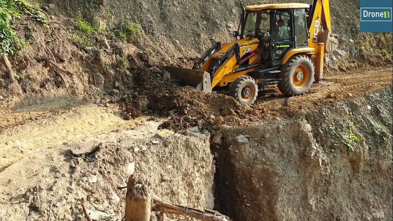 ERODED Hilly Narrow Road-Backhoe Loader-Leveling the Road