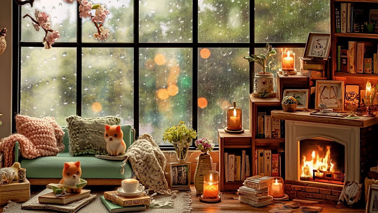Rain Falling in a Cozy Puppy Dollhouse, Fireplace Crackling, Relaxation & Comfort, Sleep, Study 2hrs