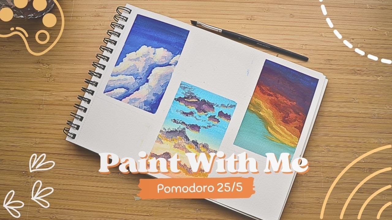 🎨🖌️ Pomodoro 25/5 | Paint with me: ☁️ Clouds with gouache | Calm guitar 🎸