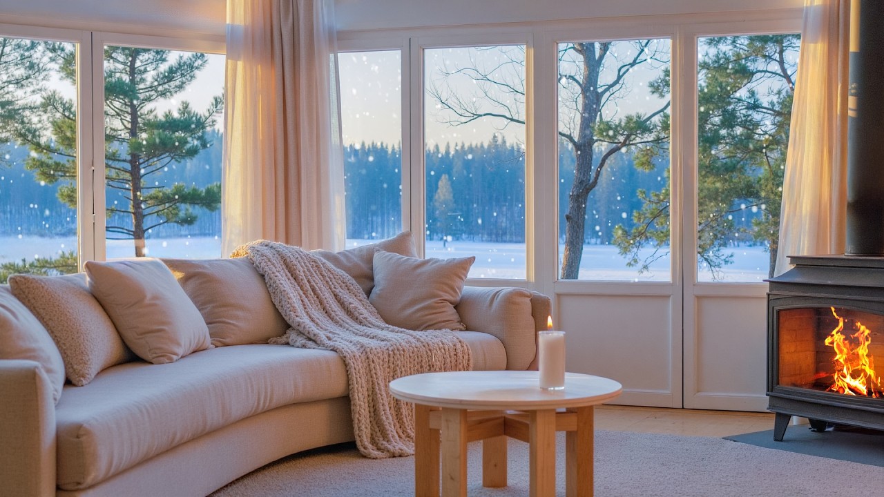 Cozy Winter Lake Cabin Night Soundscape ❄️🎹 | Relaxing Piano, Warm Fire Sounds, and Falling Snow