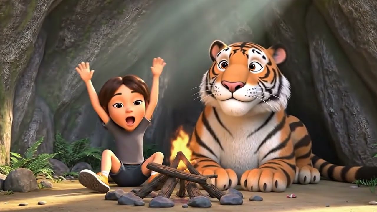 A boy lives in the forest with a big tiger.