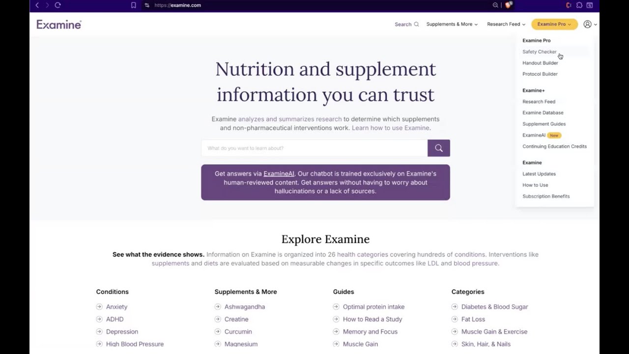Examine Pro Demo: Evidence-based supplement and nutrition tools for health professionals