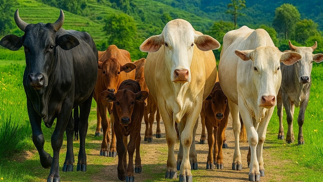 Aktivitas puluhan sapi yang berada di jalanan, Suara sapi Moo, Kawanan sapi lucu di ladang hijau