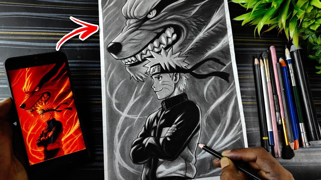 Naruto Uzumaki with Kurama (Nine-Tails Fox) Drawing Sketch | Anime Drawing Step-by-Step Tutorial