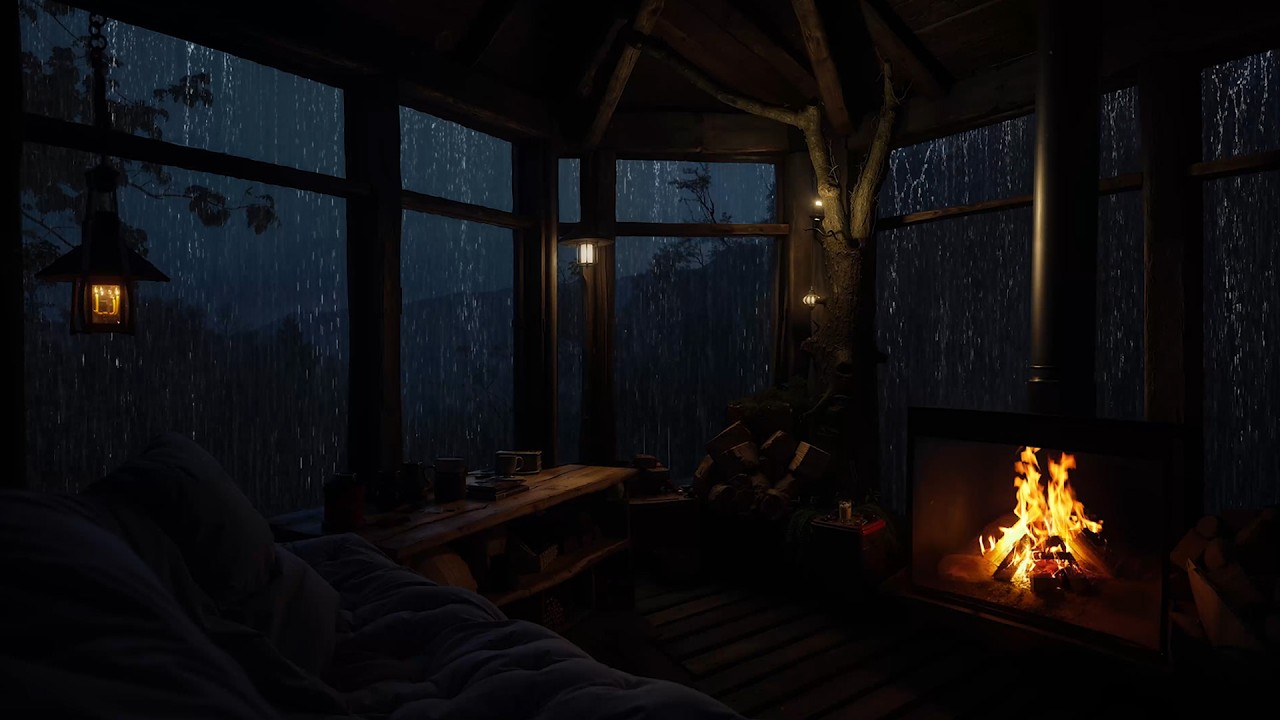 Rainy Forest Ambience with a Cozy Fireplace Cabin Interior | Rain Sounds for Sleep