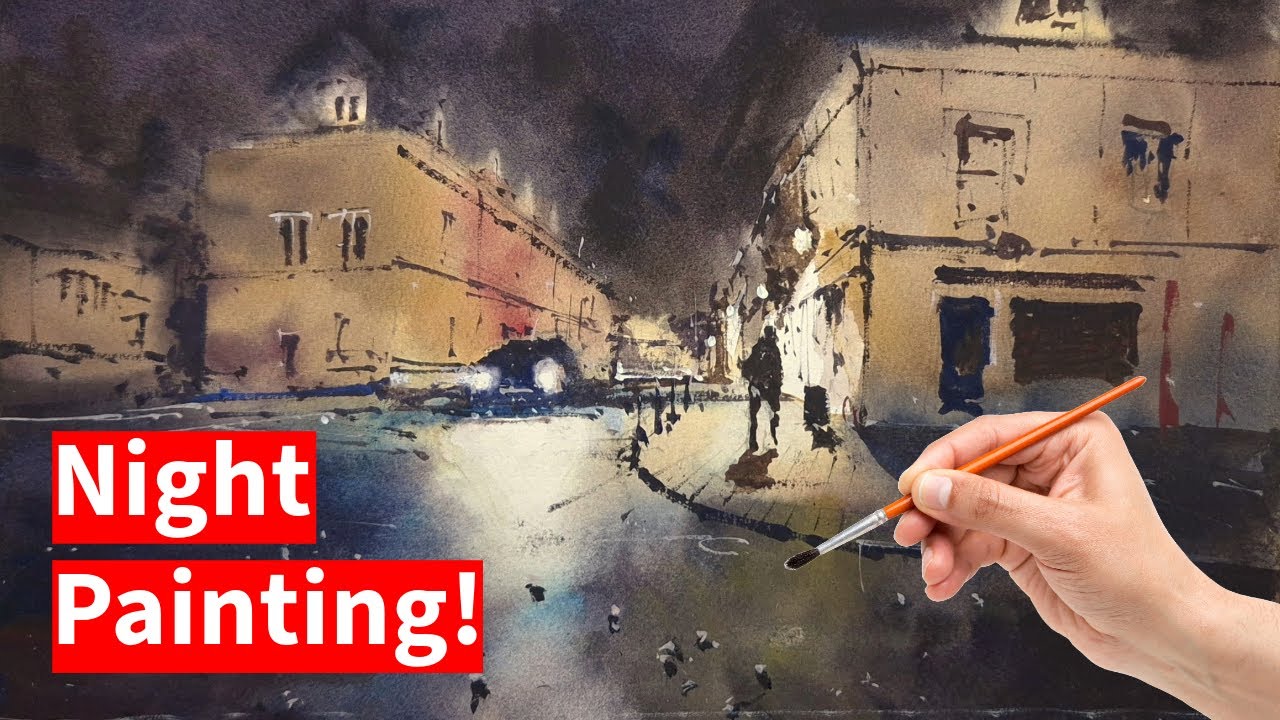 Paint this stunning French night scene in watercolor like a PRO