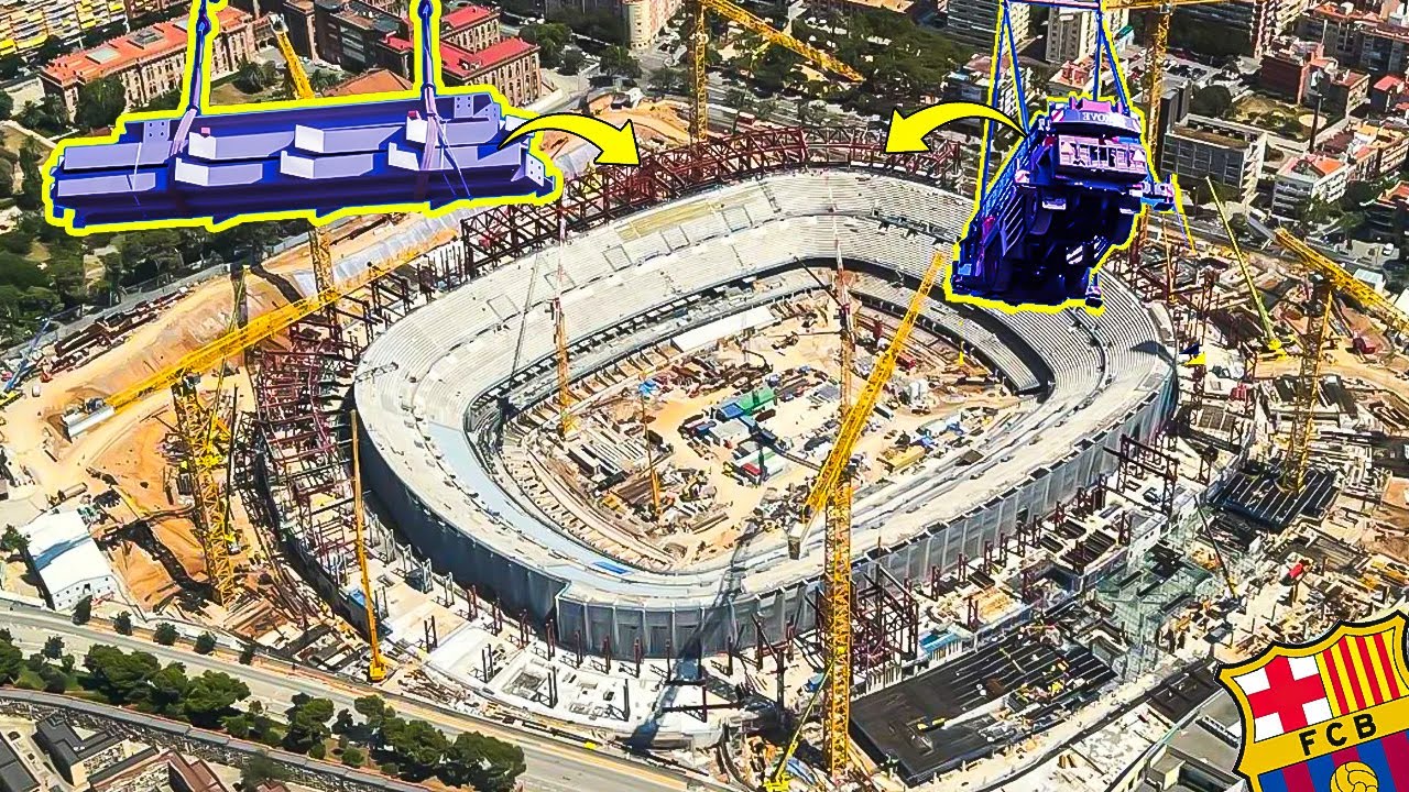 New Camp Nou Progress Update (Flying construction cranes)