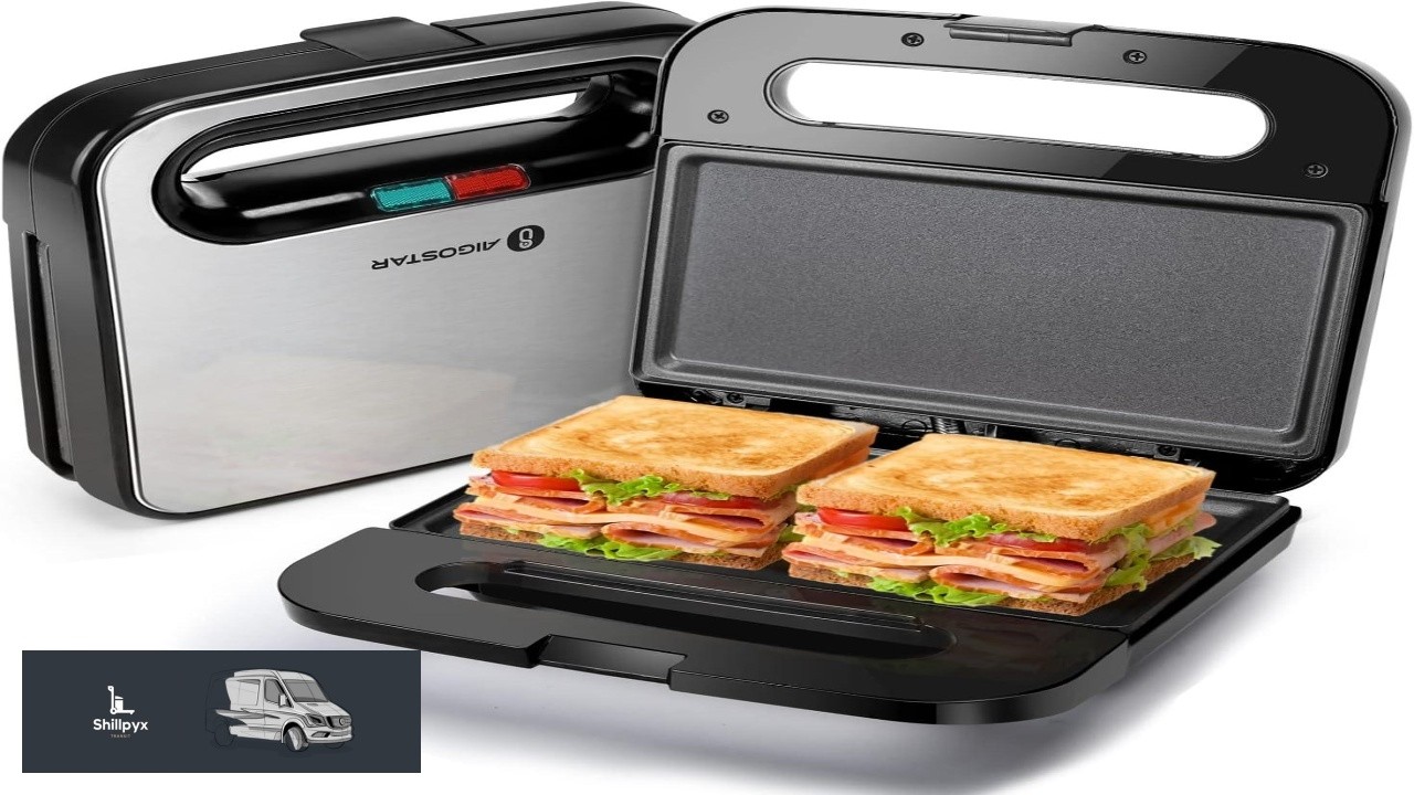Aigostar Sandwich Maker Non Stick Panini Press Sandwich Maker Breakfast Grilled Cheese
