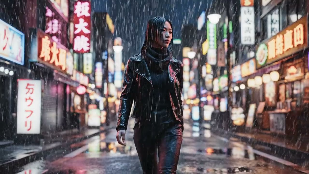 A cinematic close up of a stylish person walking through a Tokyo street in the rain