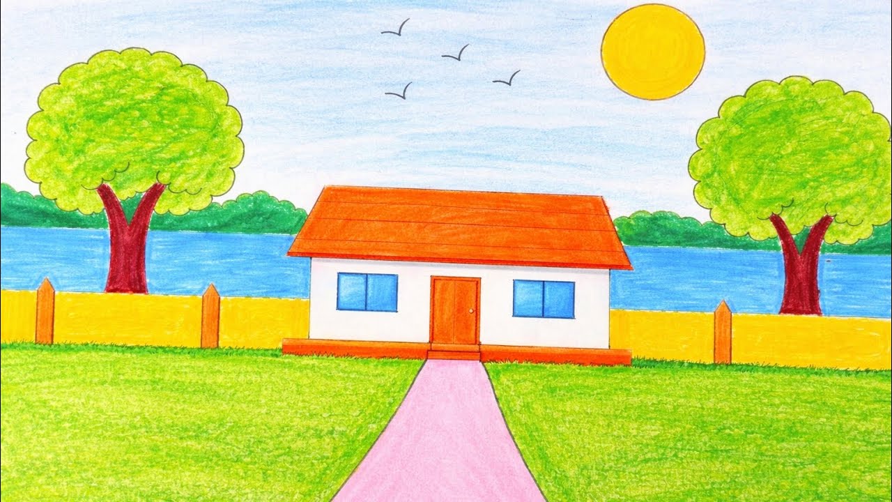 How To Draw A Peaceful House Scenery | Peaceful Nature Scenery | সহজ দৃশ্য অঙ্কন |