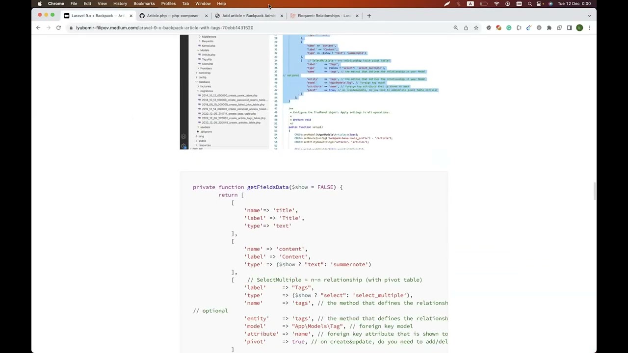 Laravel 10.x + Backpack + Article with tags