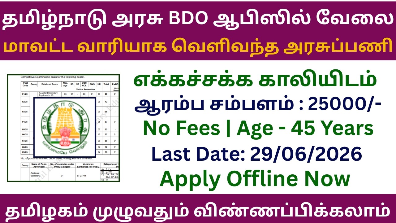 👉  தமிழ்நாடு அரசு BDO ஆபிஸில் வேலை 2026 | மாவட்ட வாரியாக அரசுப்பணி | Job Vacancy 2026 in Tamil Nadu