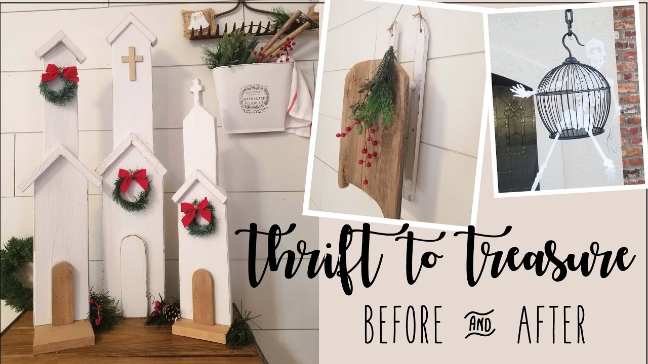 Thrift to Treasure • Bird cages • Wooden sled • Hanging planter • Wooden house and church