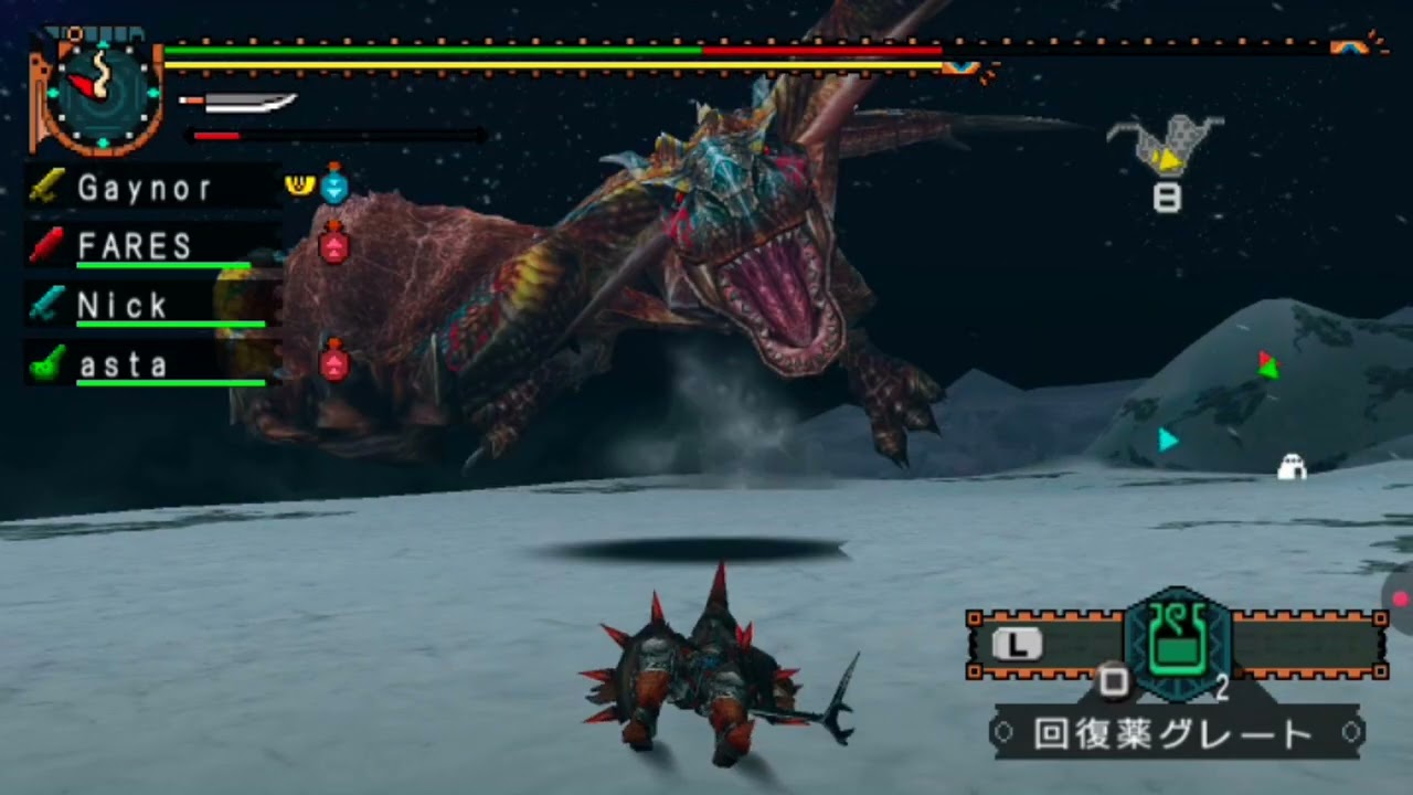 モンスターハンターポータブル２G　みんなでやると楽しいモンハン２G　走る素早いモモンガ２匹の上位ティガレックス2名　アンバーニックRGSLIDE