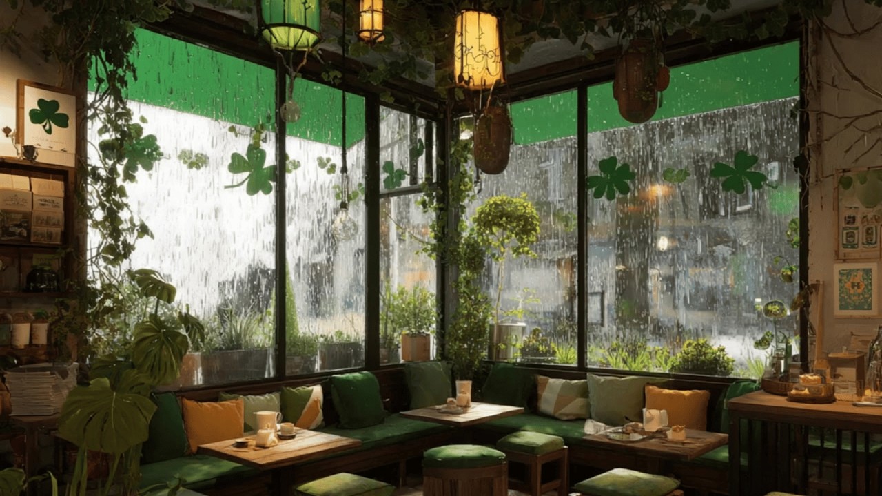 Rainy St  Patrick’s Day Coffee Shop Ambience ☕🍀 Cozy Lofi & Rain