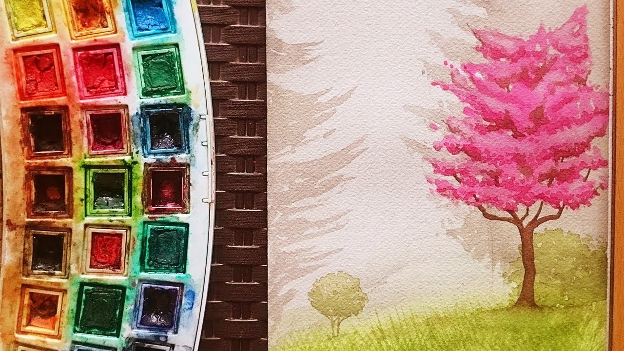 تعليم الرسم بالالوان المائية : كيف ترسم منظر طبيعي شجر وردي و عشب ~ المنظور اللوني