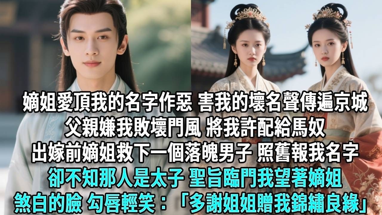 嫡姐總愛頂著我的名字作惡，害我的壞名聲傳遍京城。父親嫌我敗壞門風，將我許配給馬奴。出嫁前嫡姐救下一個落魄男子，照舊報我名字卻不知那人是太子。聖旨臨門，我望著嫡姐煞白的臉，勾唇輕笑：多謝姐姐贈我錦