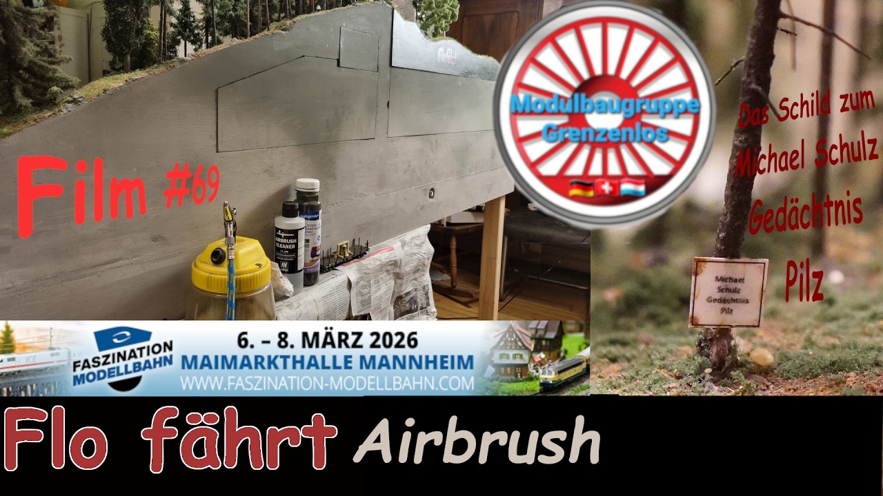 Flo färbt mit Airbrush und ein Schild für den Michael Schulz Gedächtnis Pilz kommt.