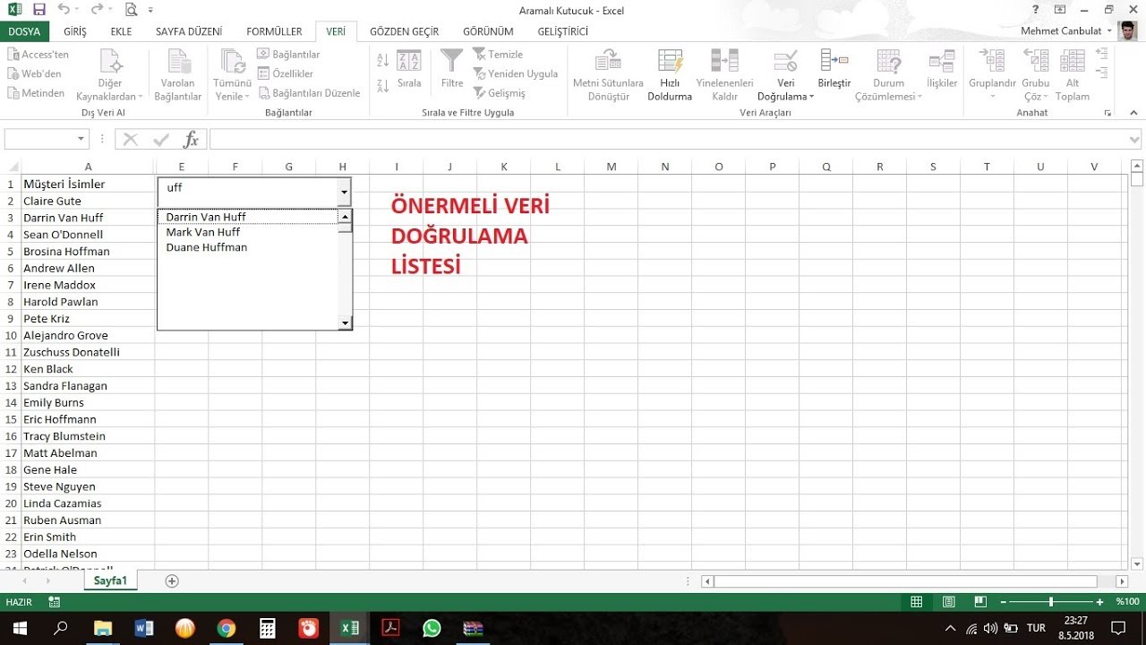Excel'de Önermeli Veri Doğrulama - Google Tarzı Tamamlamalı