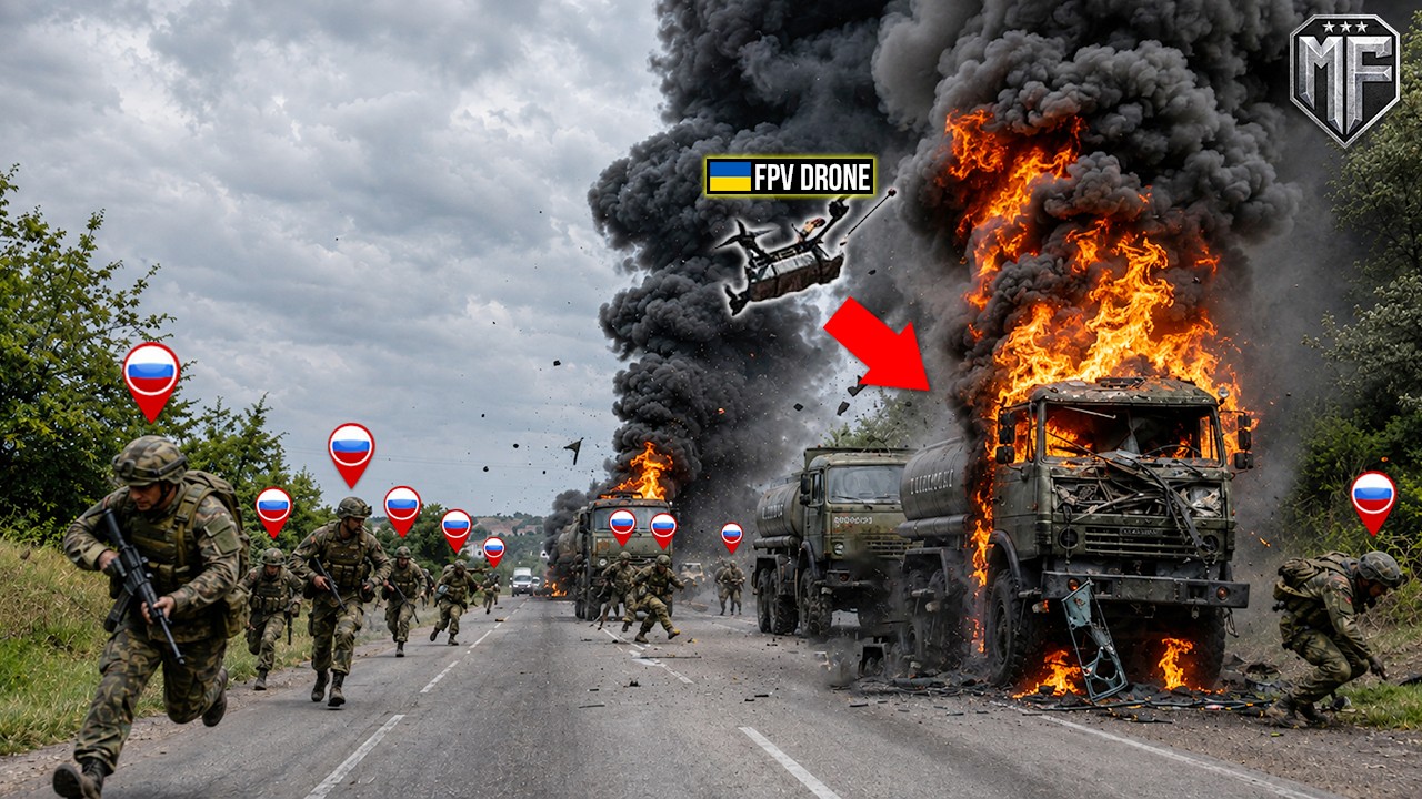 Huge Russian Fuel Convoy Get Caught by Ukrainian FPV Drones - Then THIS Happened...