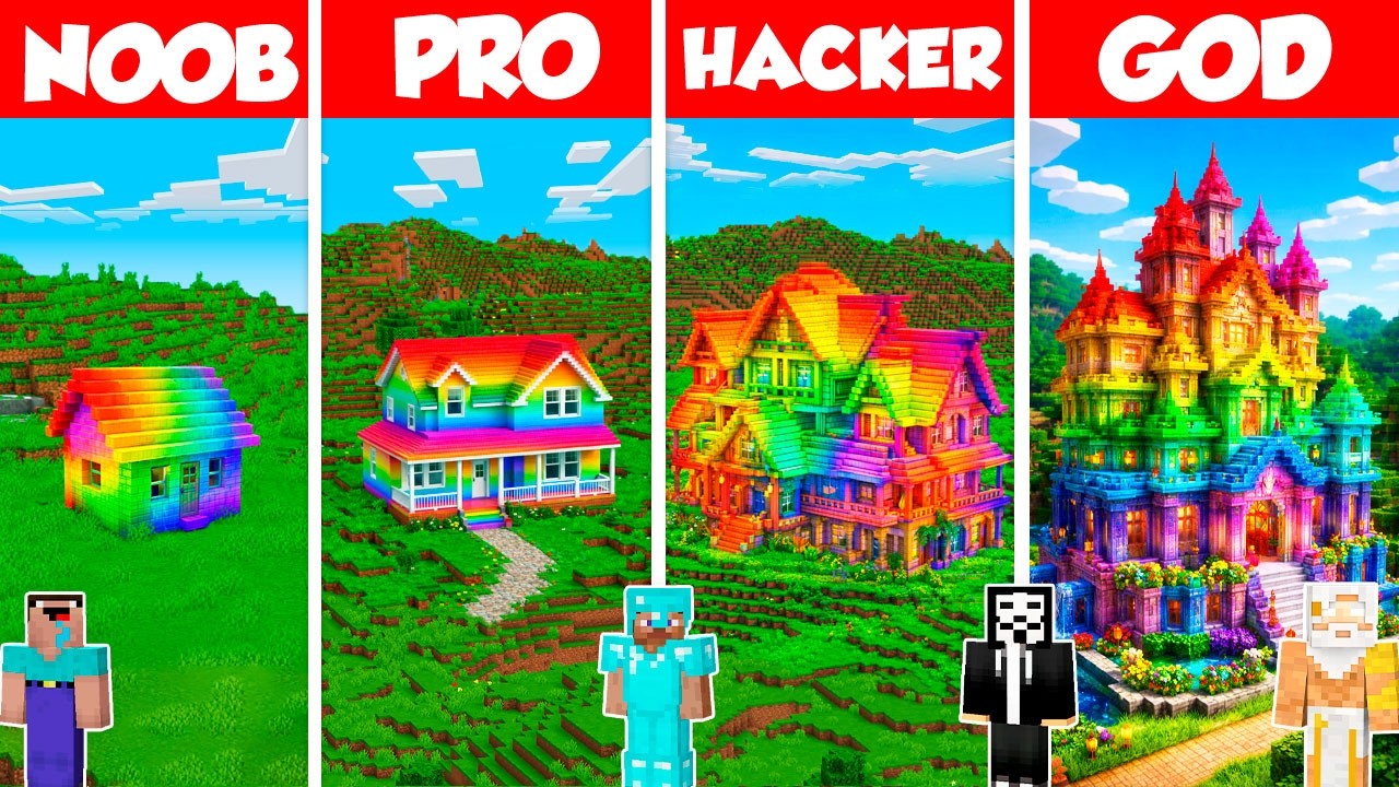 Rainbow House Build Battle Challenge - Noob vs Pro vs Hacker vs God - Minecraft Animation