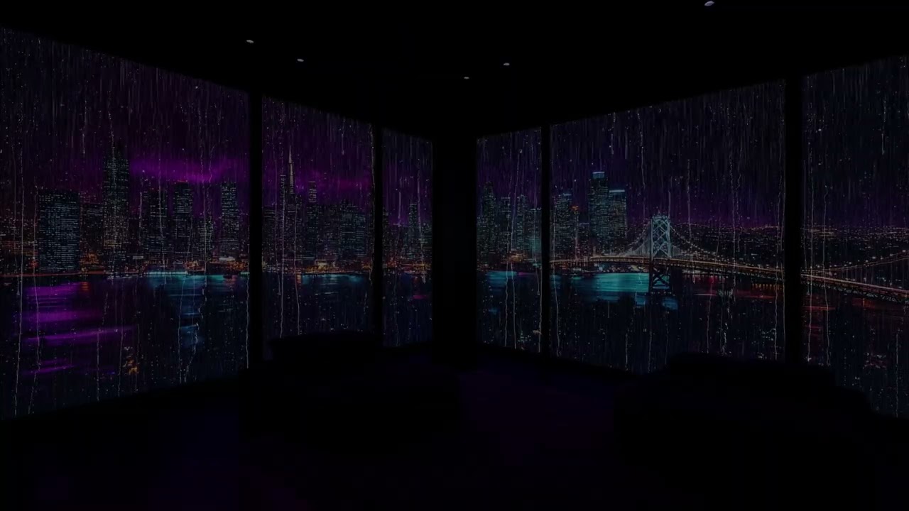 Purple Neon NYC Apartment at Night 🌌☔ Cozy Luxury Bedroom & Deep Rain Sounds